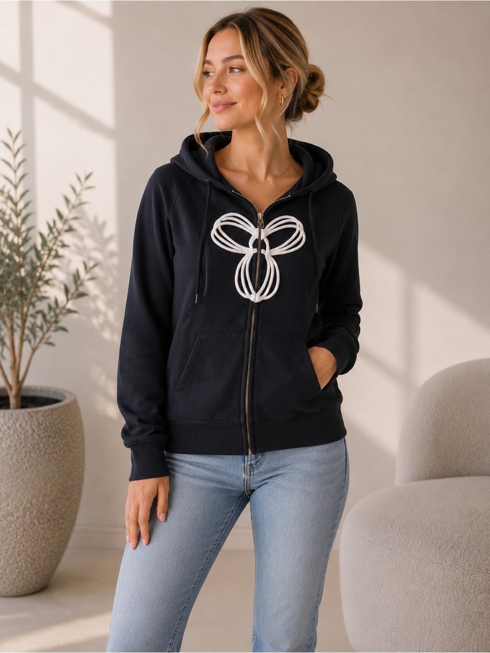 TNA Black Zip-Up Hoodie with White Logo Detail | Women’s Small